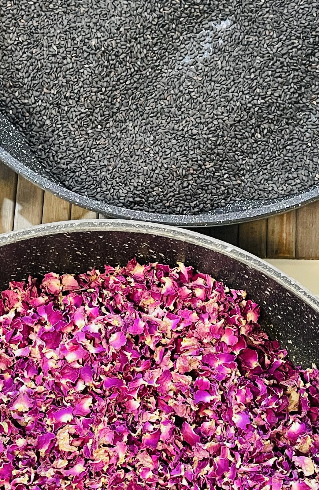 Two edible artworks, rose and black sesame jam, rich in colour and flavour.