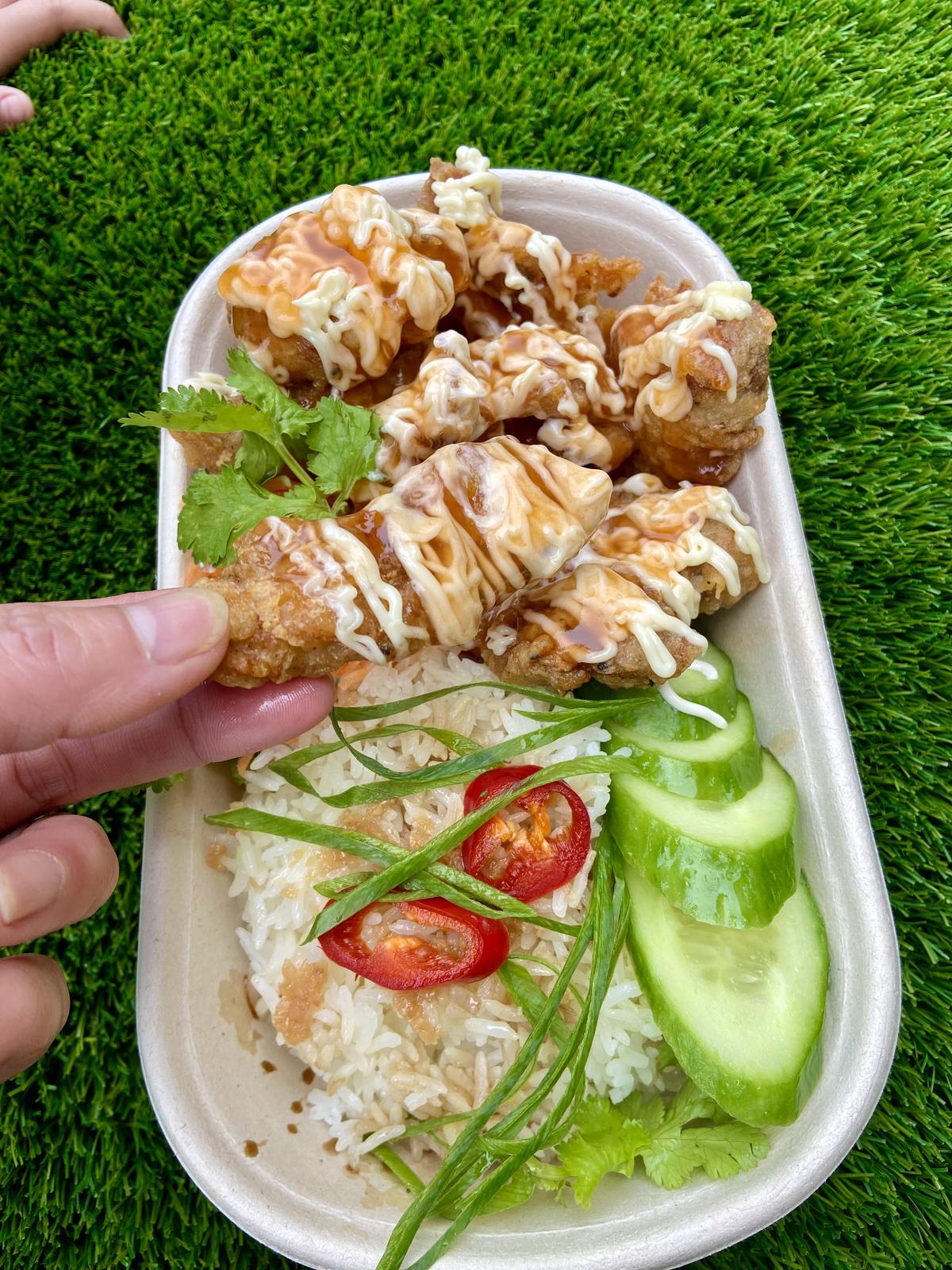 Crispy chicken strips Garlic fried rice