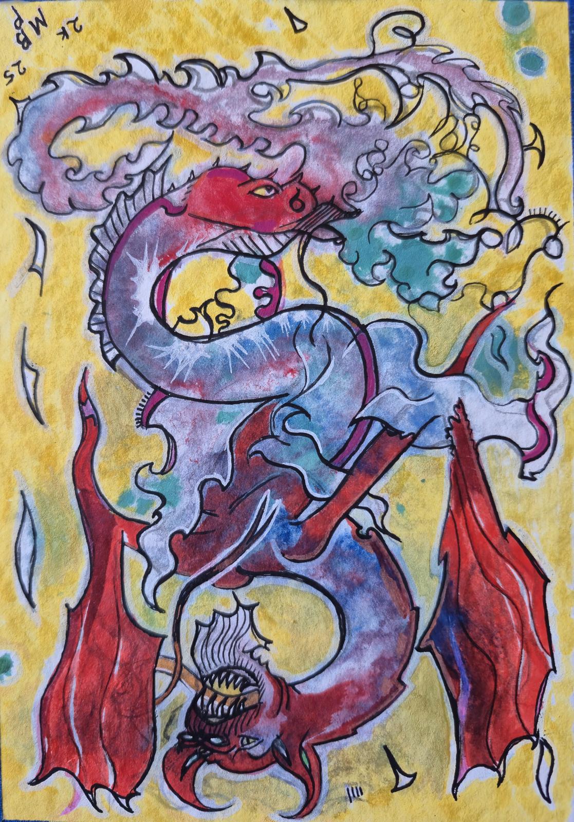 Double Dragon, 2025, watercolour and pen on paper