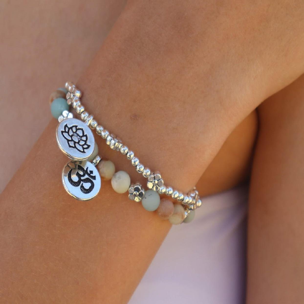 Handmade Amazonite Silver Beaded Yoga Bracelet Set