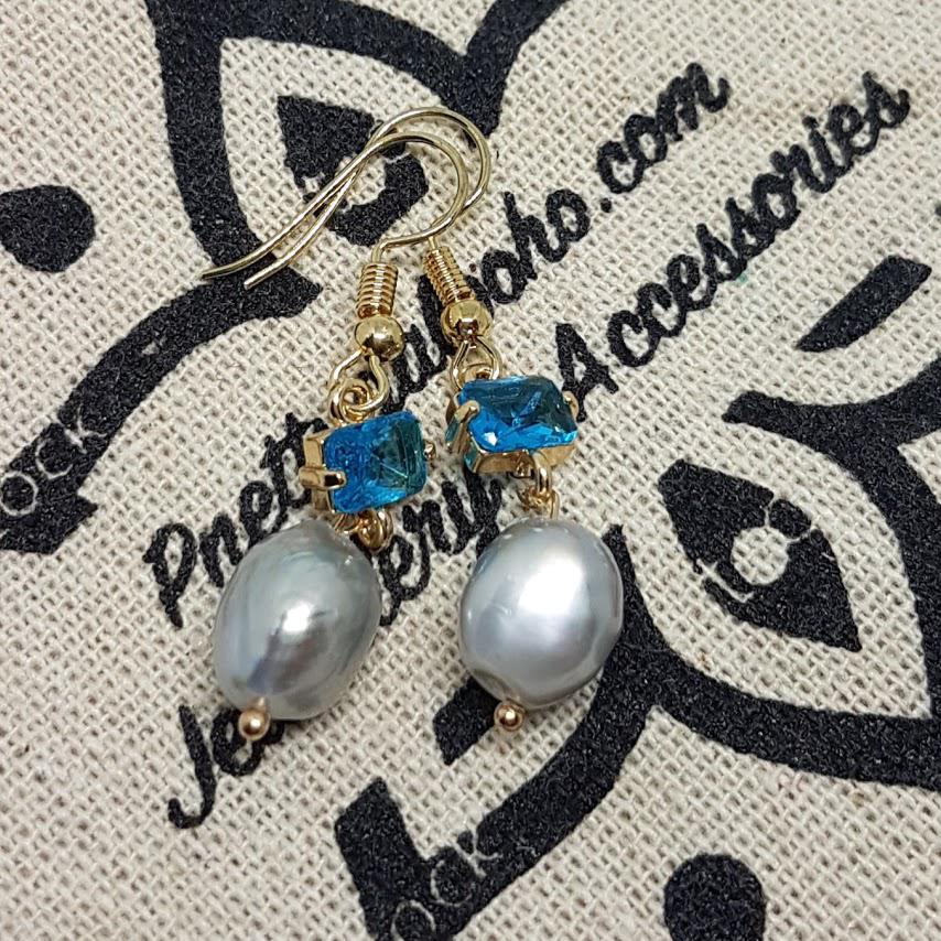 Aqua Crystal Handmade Gray Pearl Rose Gold Earrings