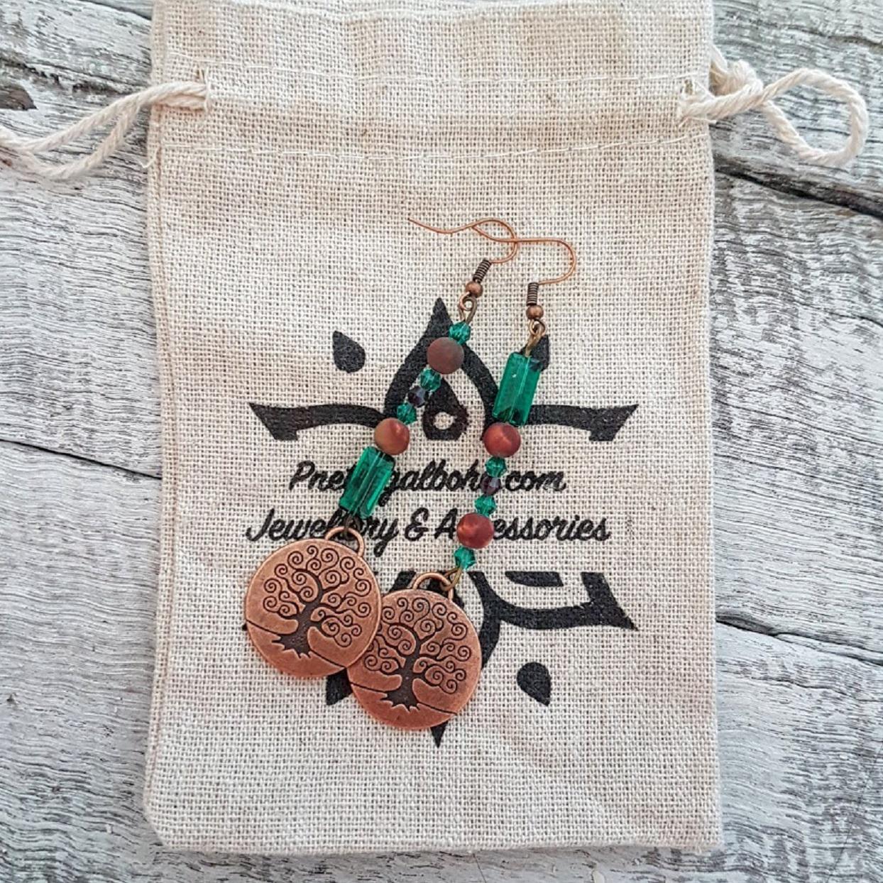 Brass Crystal Tree of Life Hook Earrings