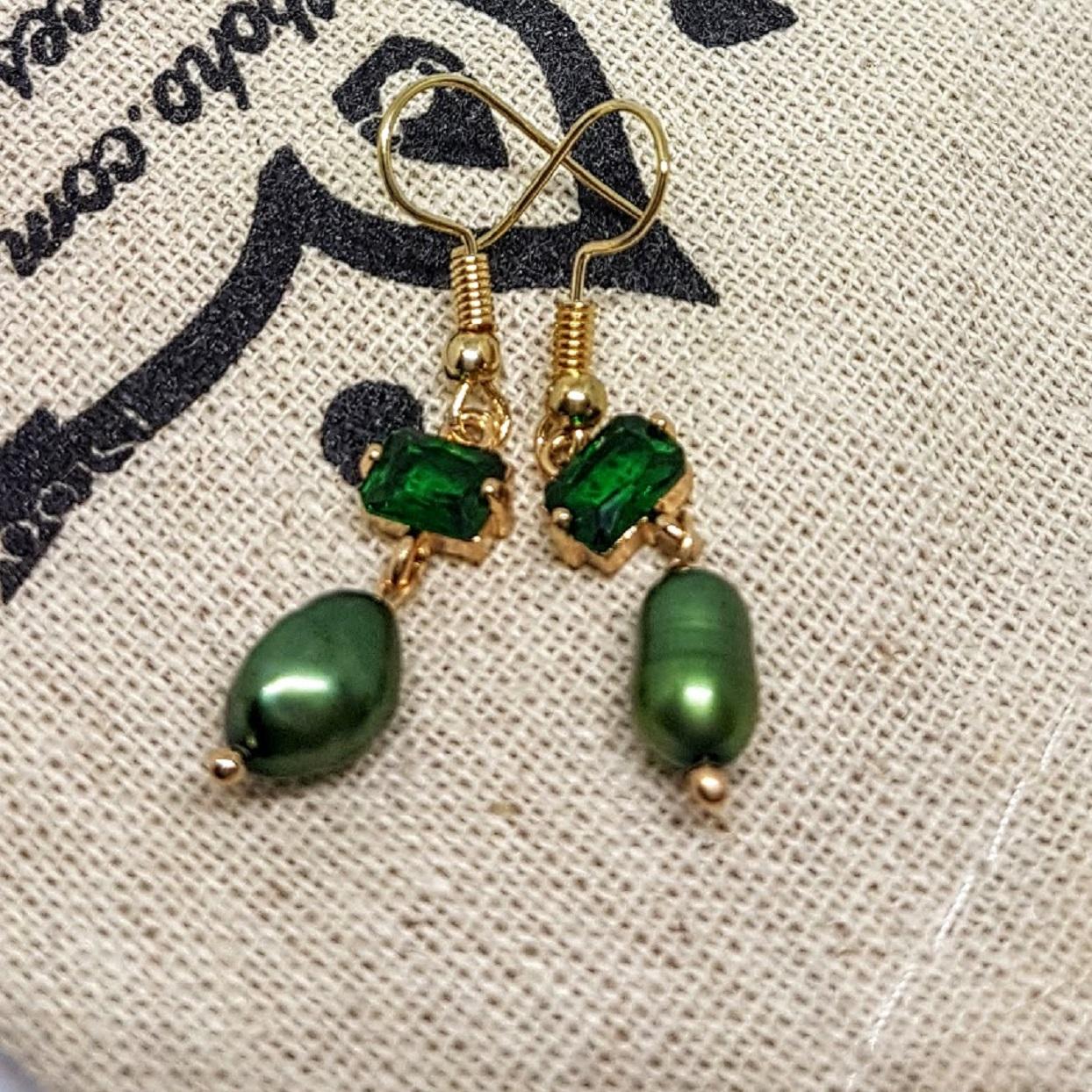 Green Crystal & Baroque Freshwater Handmade Earrings