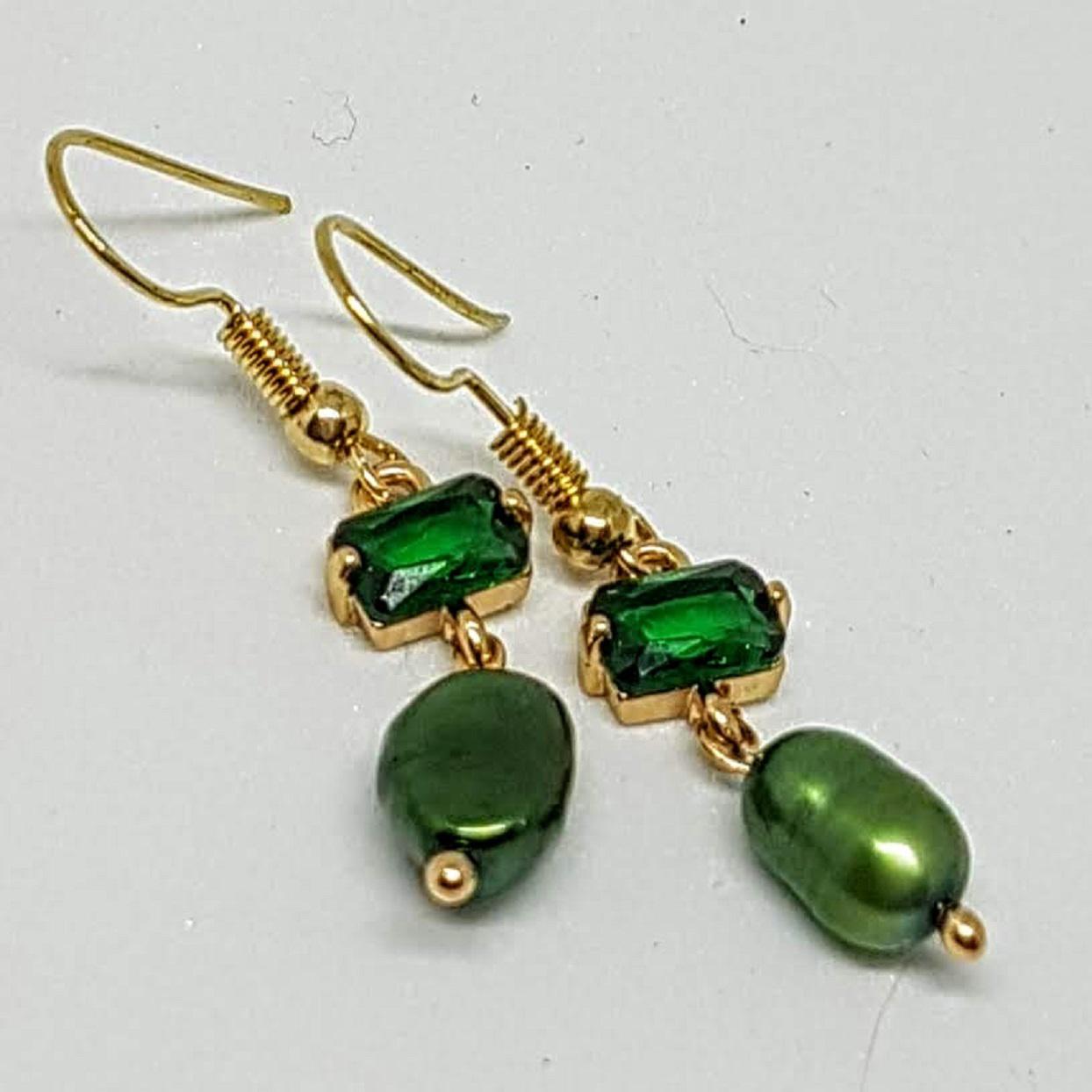Handmade Pearl Rose Gold Earrings Emerald Crystal & Green Pearl