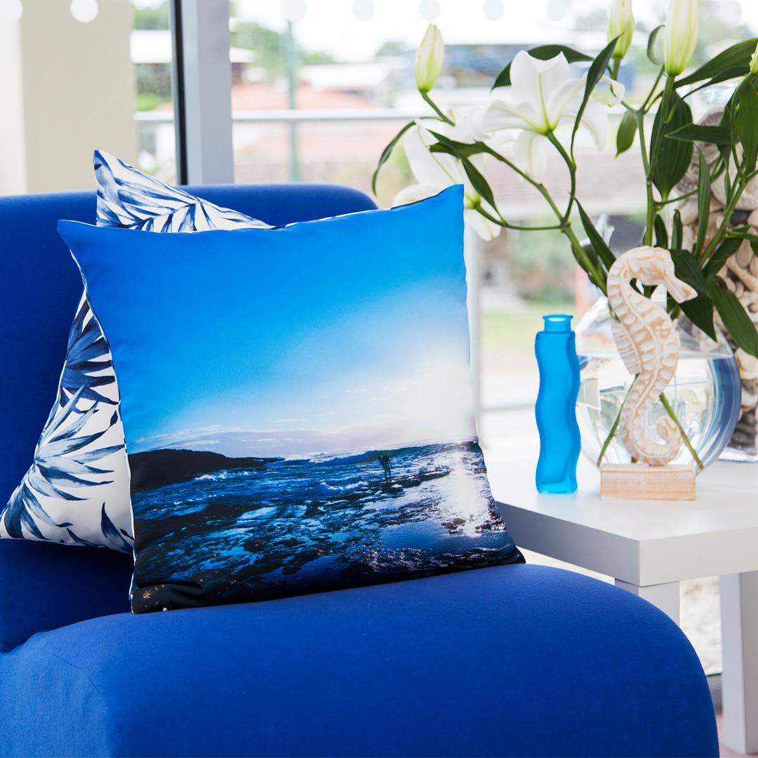 Lone Surfer linen photo cushion of Red Bluff, Kalbarri