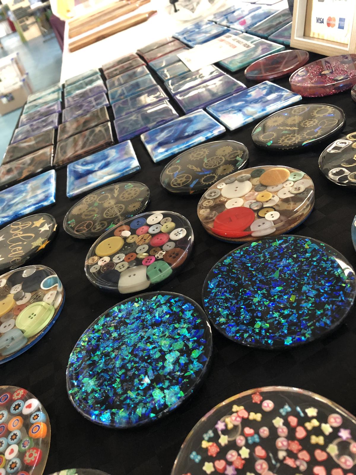 Some of the round and square coasters i sell. No 2 coasters are exactly alike so