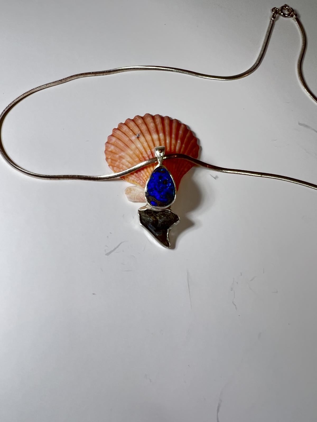 Fossilized Shark Tooth and Boulder Opal Necklace