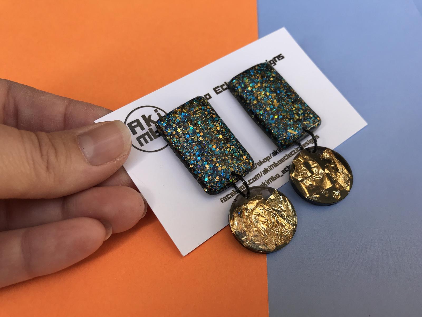 Blue glitter earrings, bold blue earrings, blue and green earrings