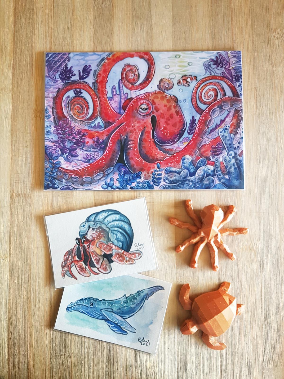 Prints, mini originals and 3d printed ornaments