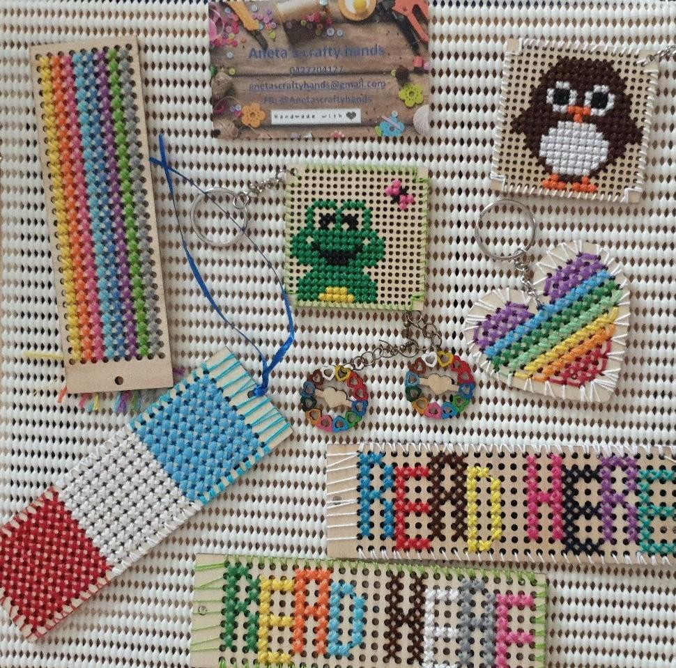 cross stich bookmarks, keyrings