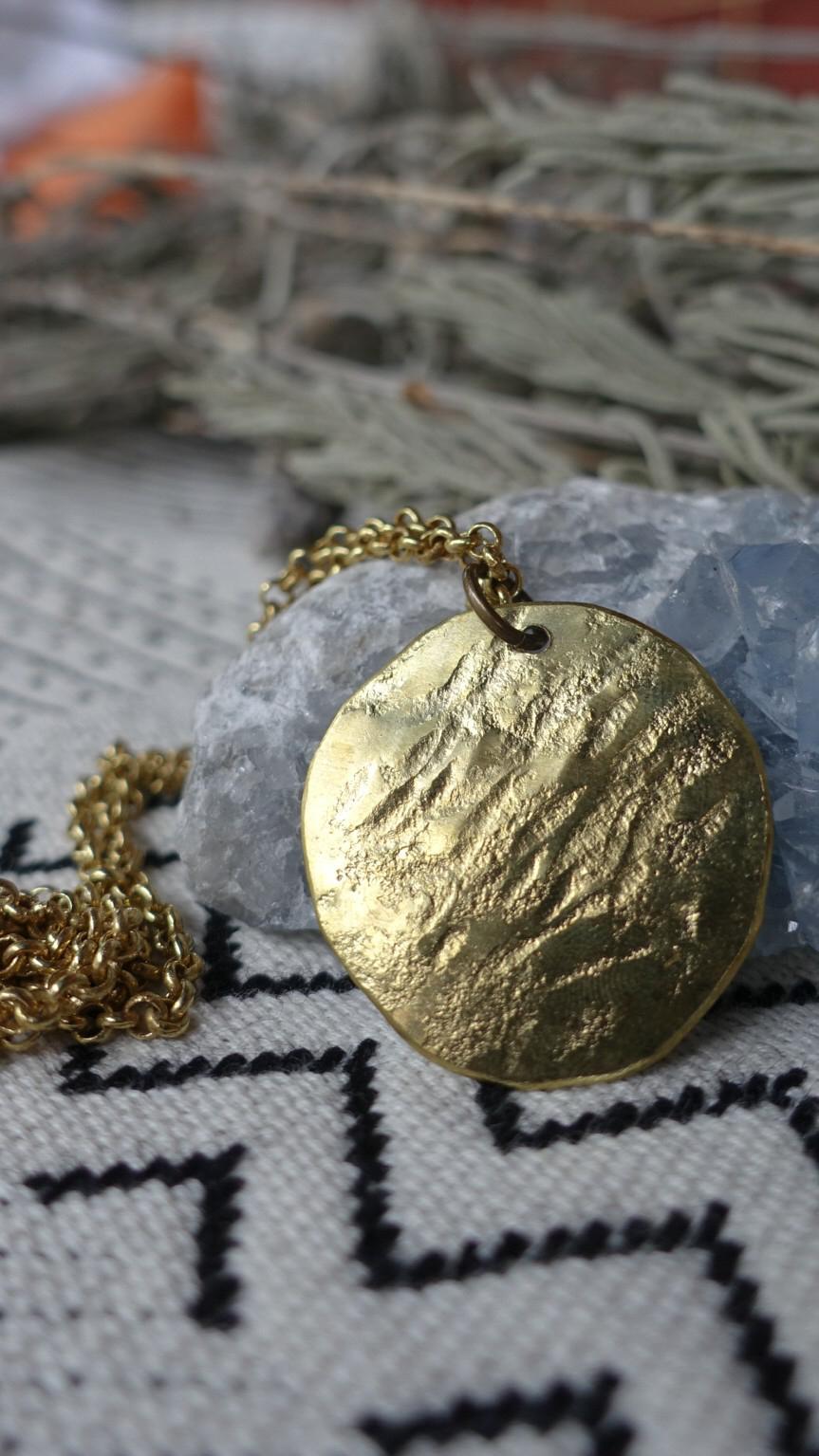 Full Moon necklace. Hand shaped and hammered brass