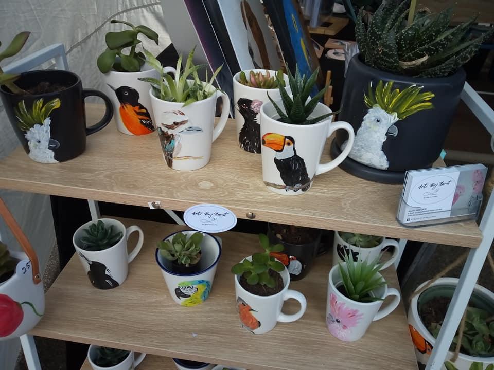 2) Hand painted plant mugs and pots