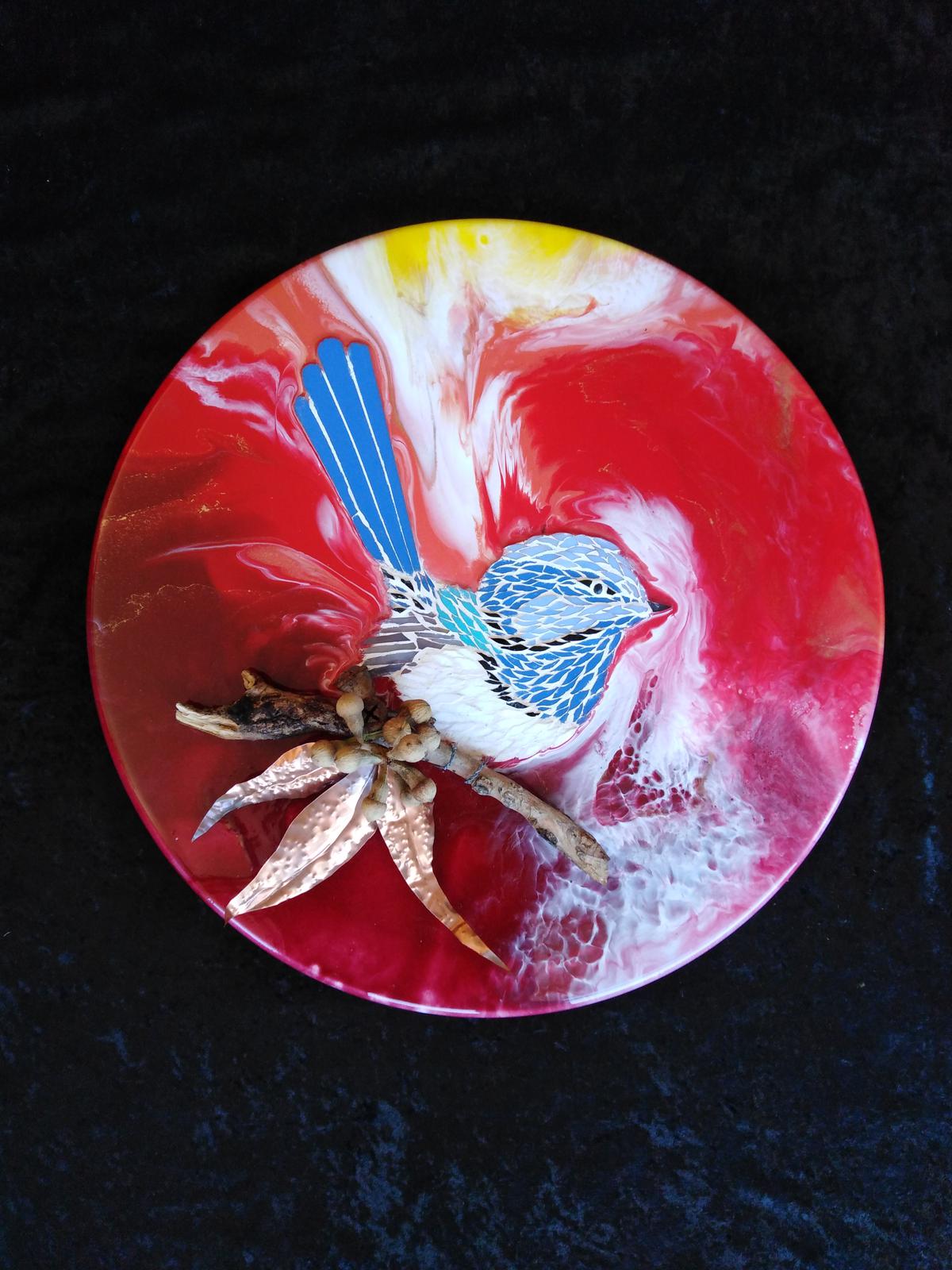 Mosaic wren with resin art, beaten copper and natural bush