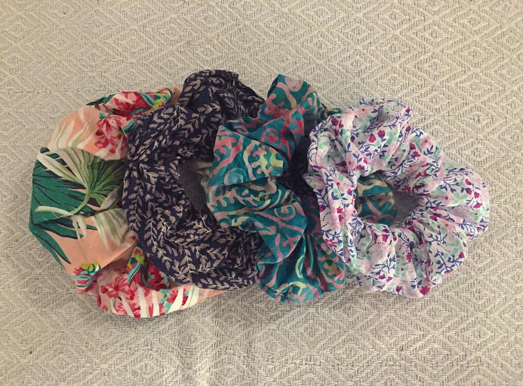 Hand sewn scrunchies made from off cuts or old clothing!