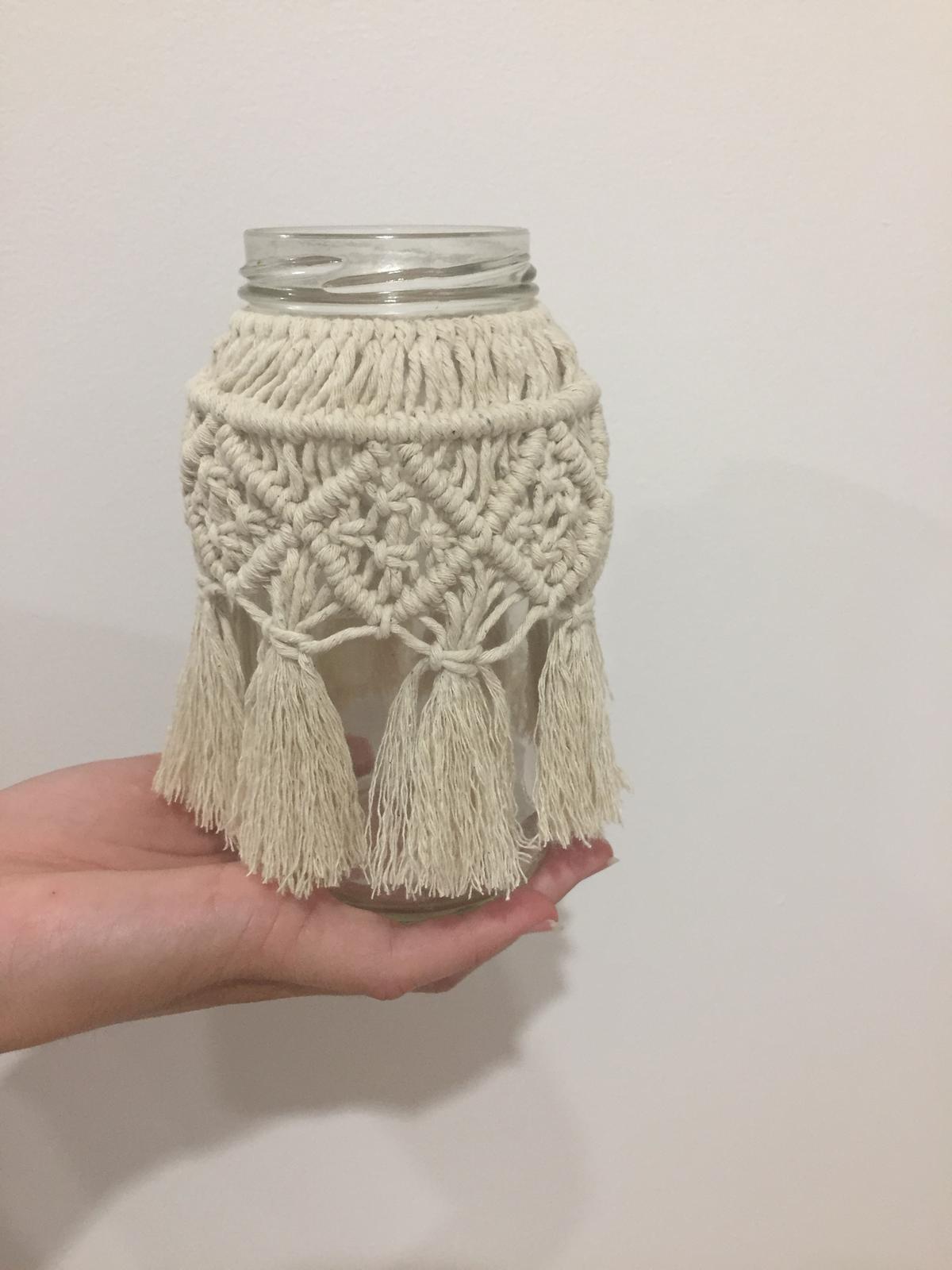 Macrame around recycled jar