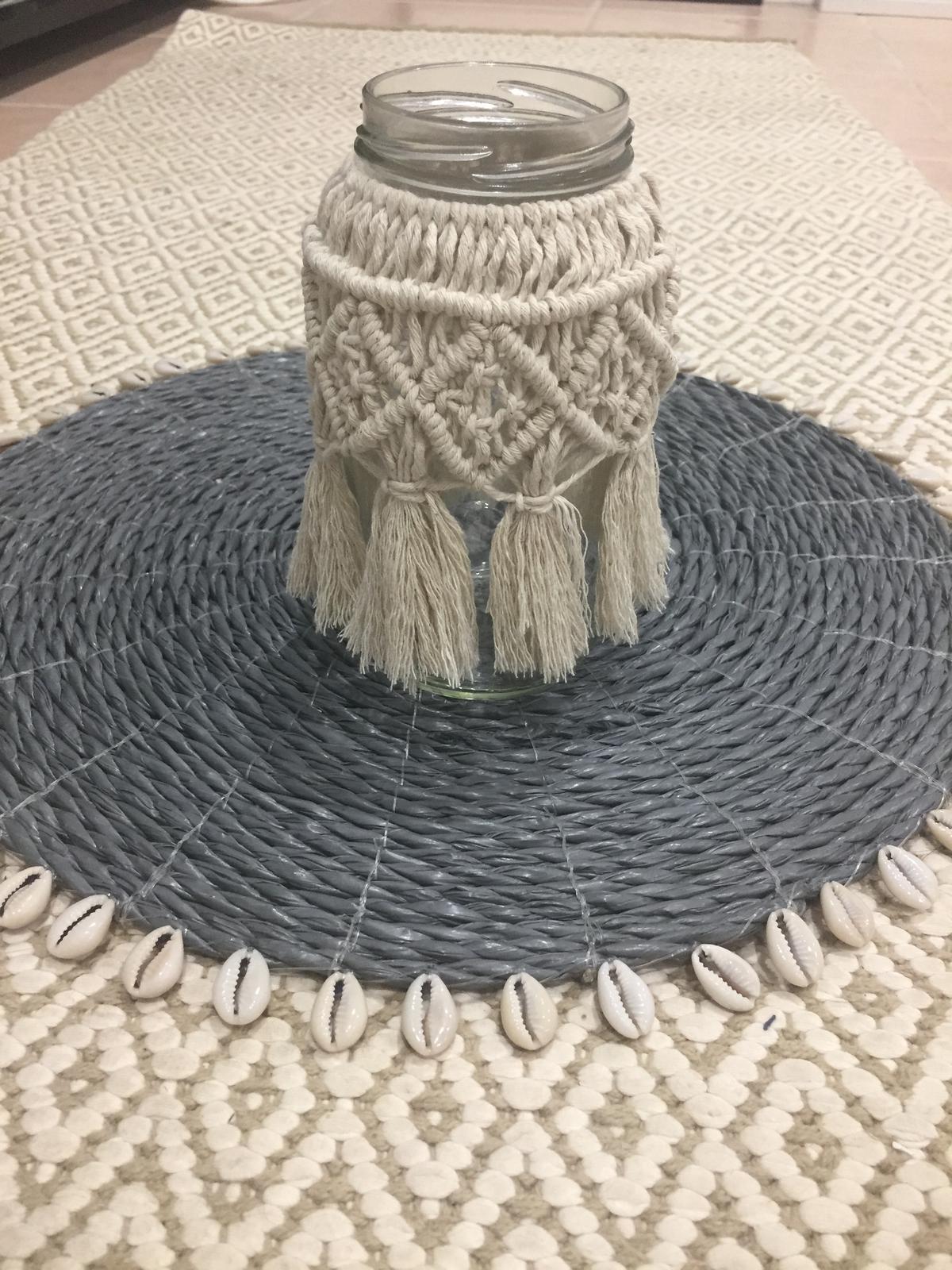 Macrame around recycled jar