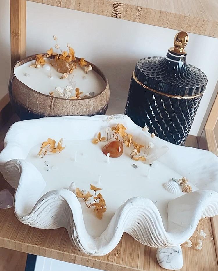 Coconut, and clam shell candle set
