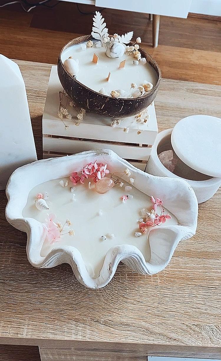 Custom clam shell and coconut bowl candles
