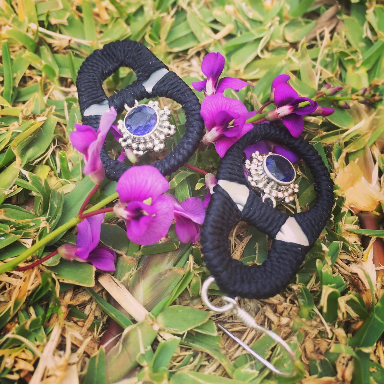 Recycled ring-pull earrings featuring Iolite