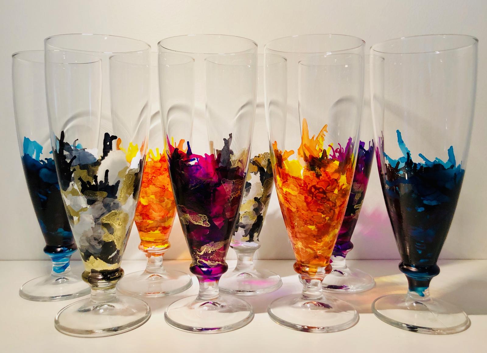 Assorted glassware decorated with alcohol ink