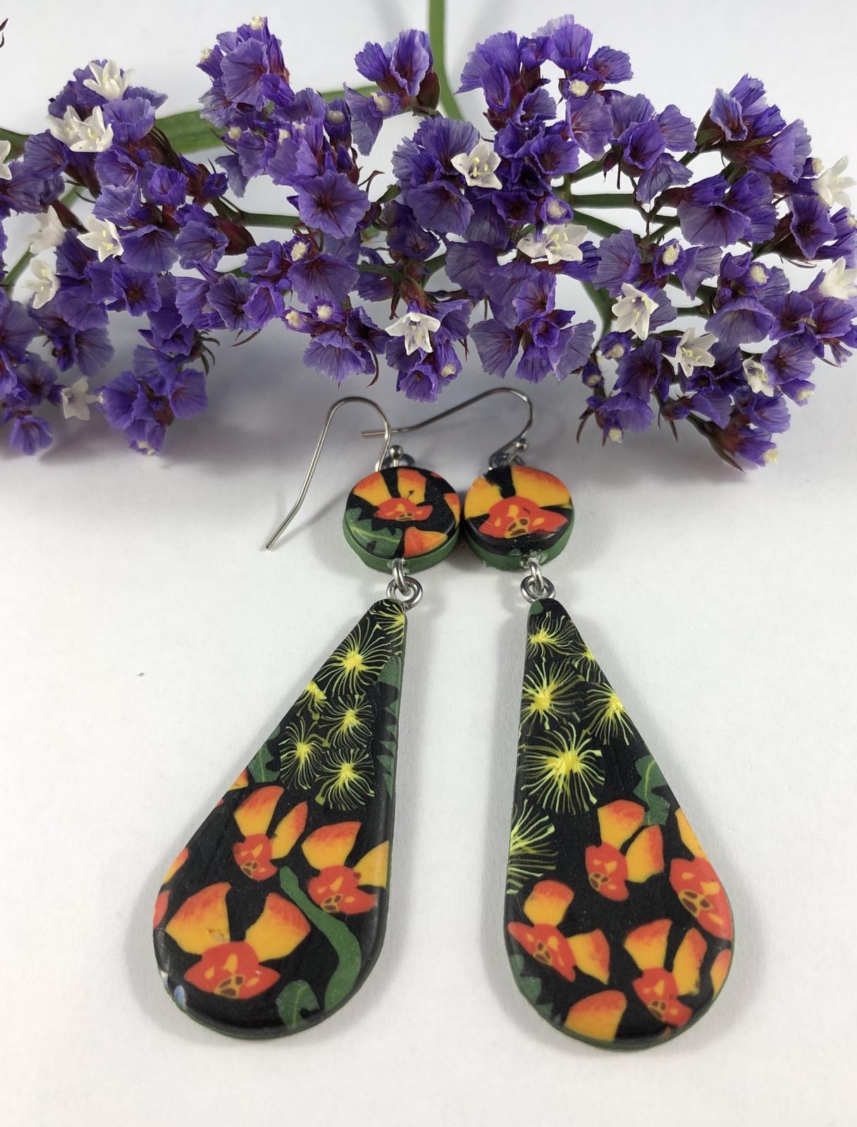Wattle and Donkey Orchids. Drop earrings