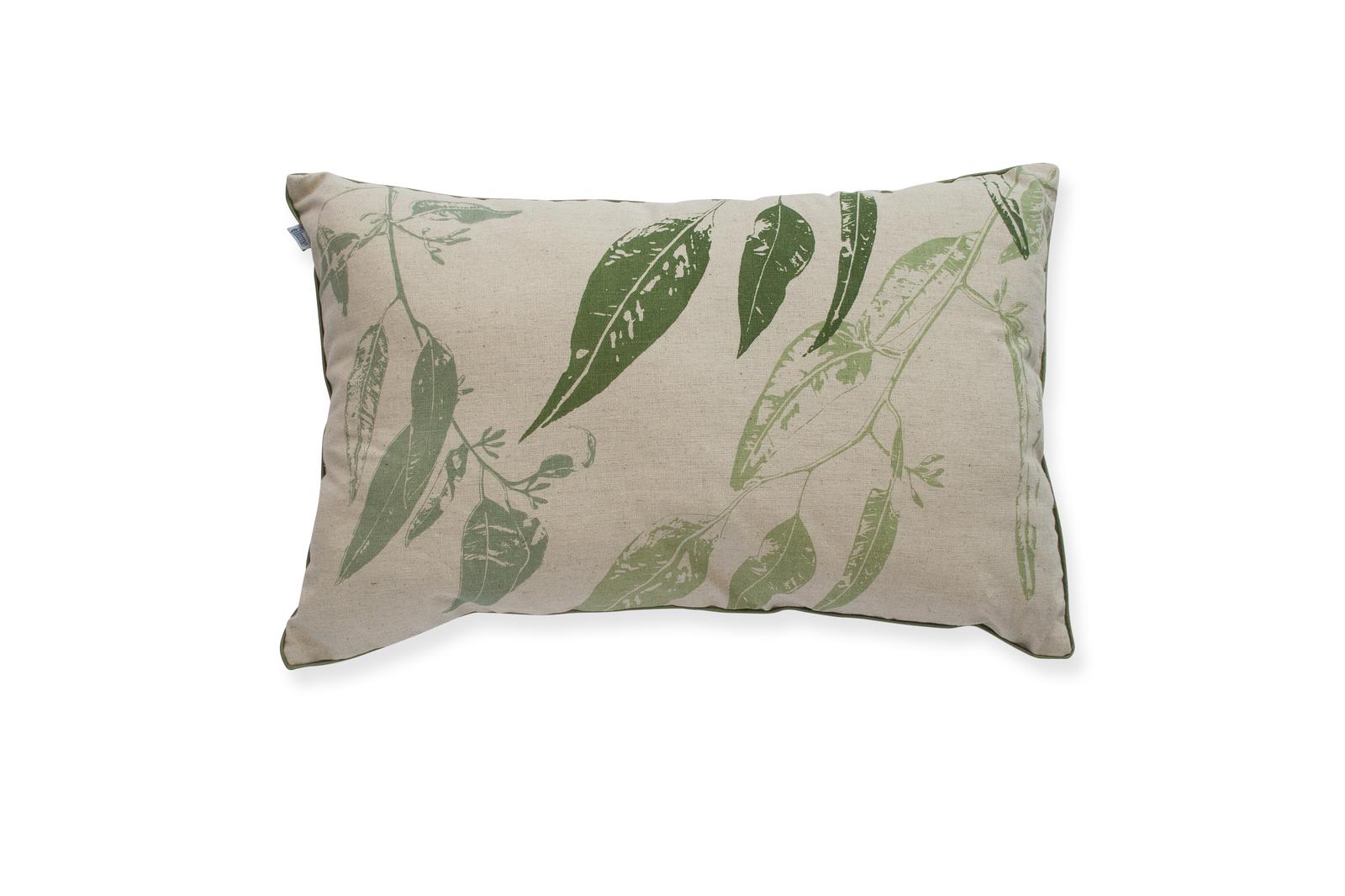 50x30cm Cushion 'Jarrah Leaf' in greens with green piping