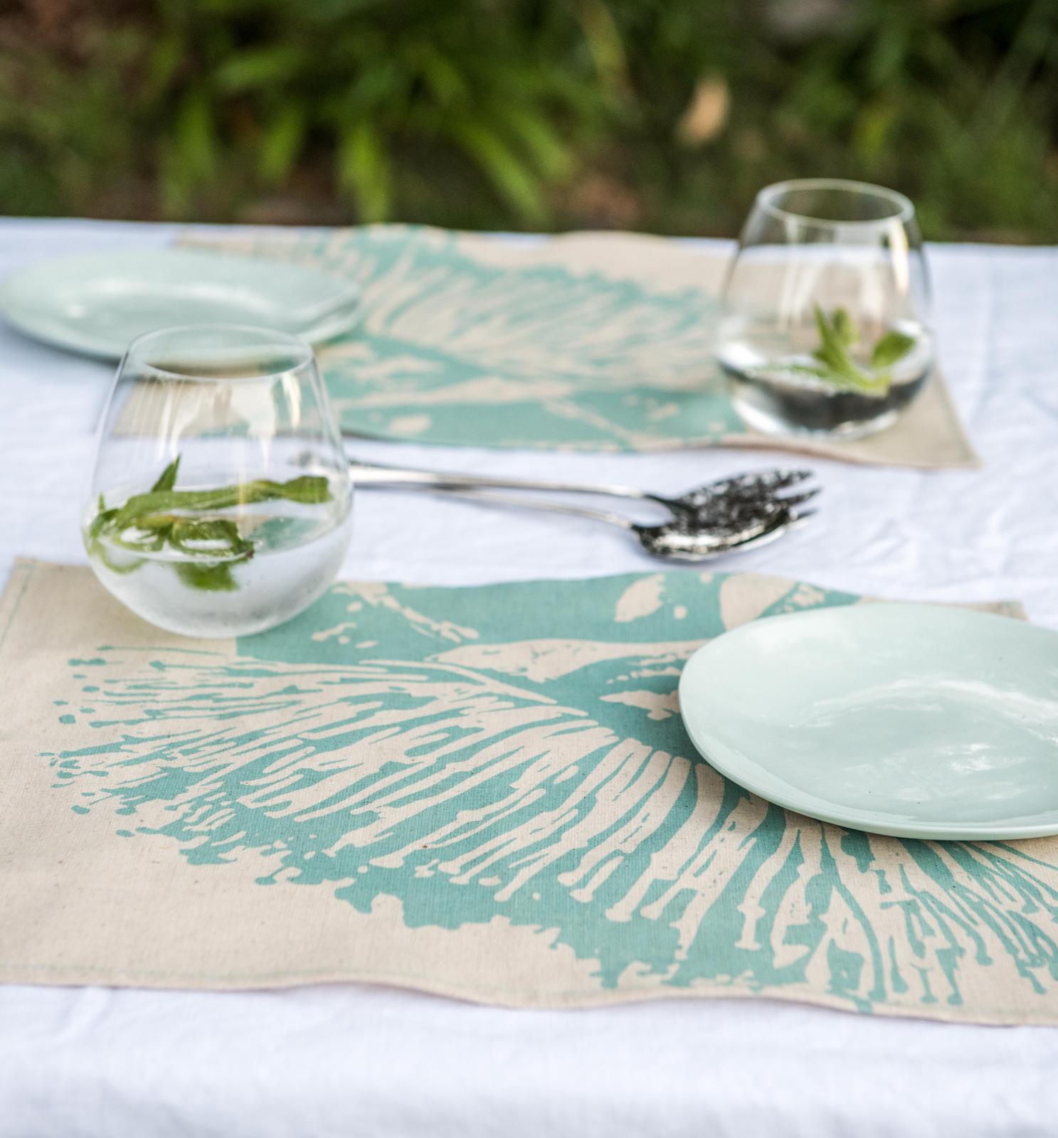 Table Setting- Placemats 'Mallee Blossom' in soft Turquoise