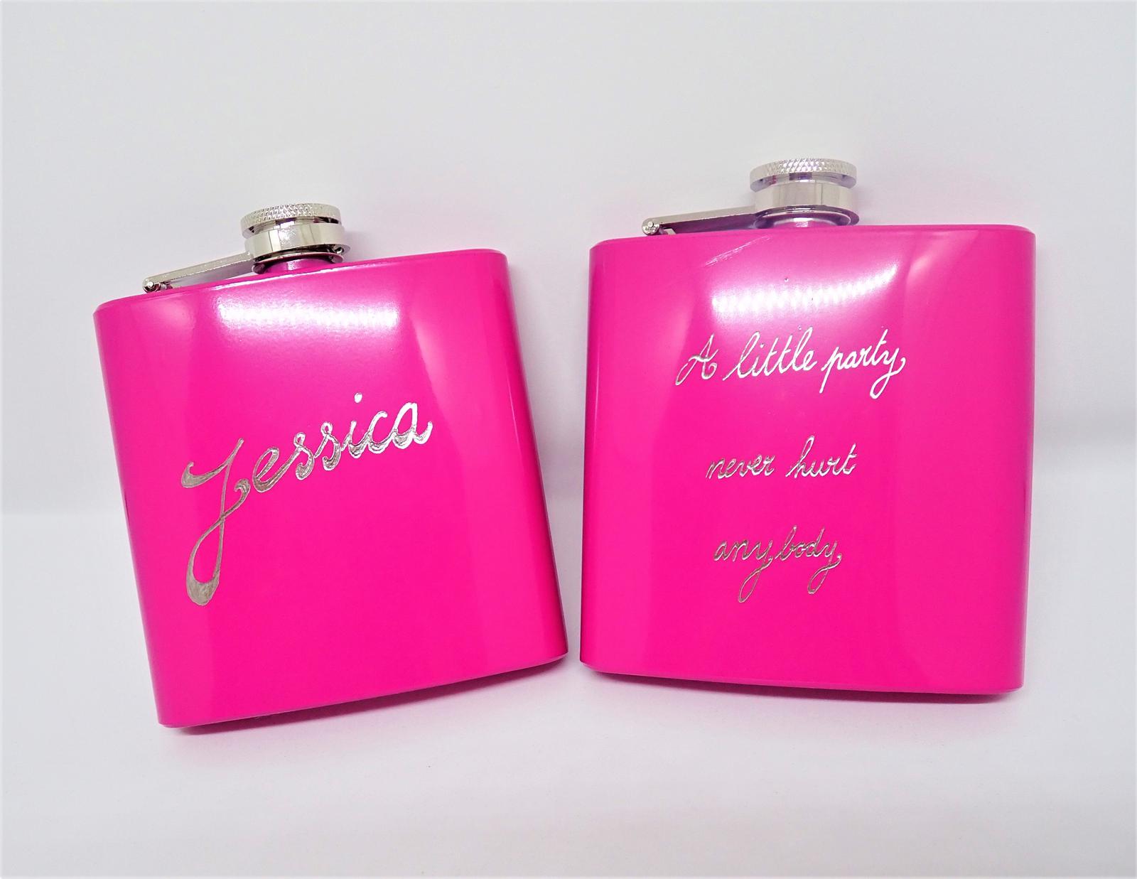 Hand Engraved Personalised Bright Pink Hip Flasks