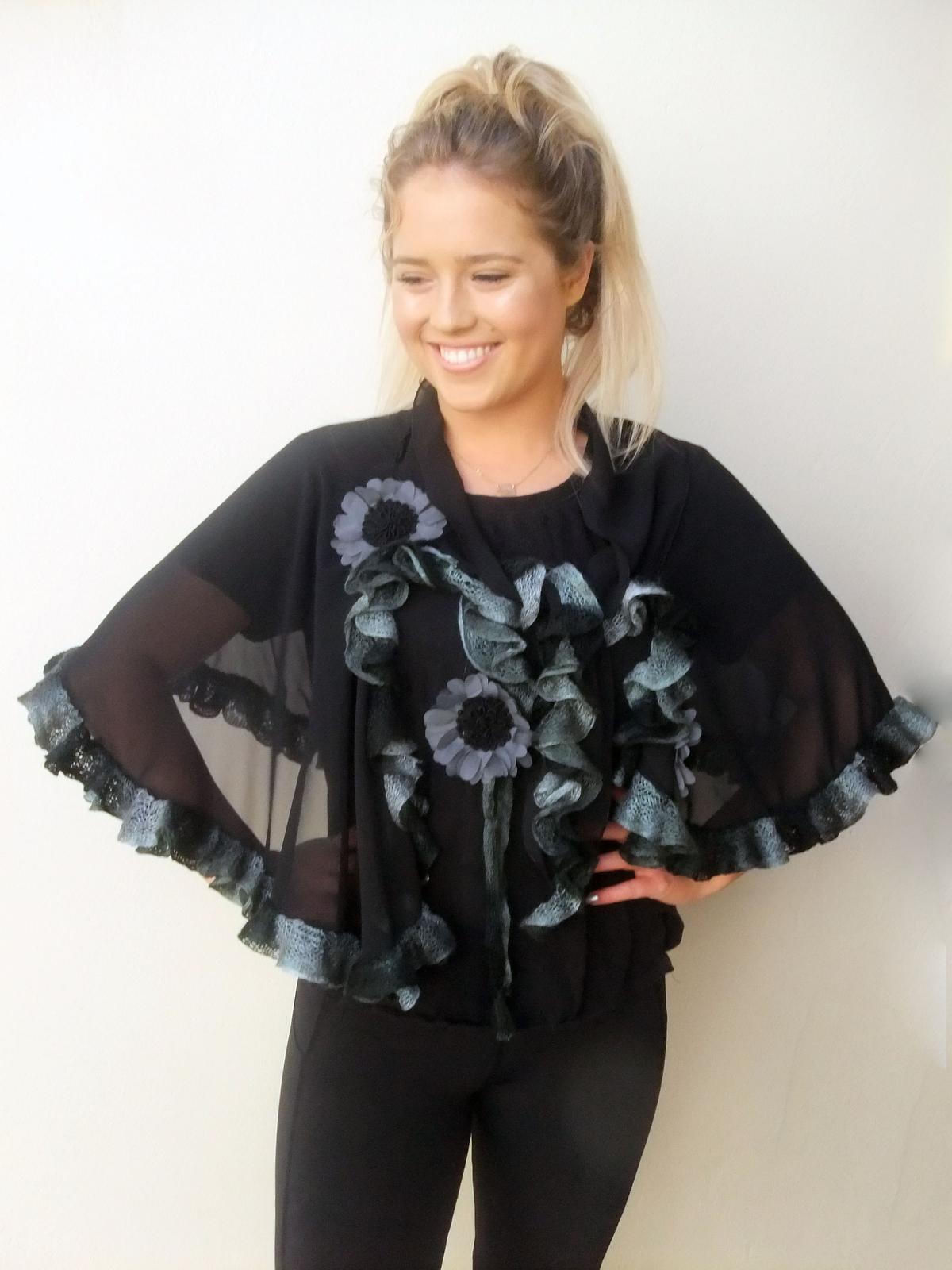 Black Chiffon Cape with flowers and handknitted edge frill.