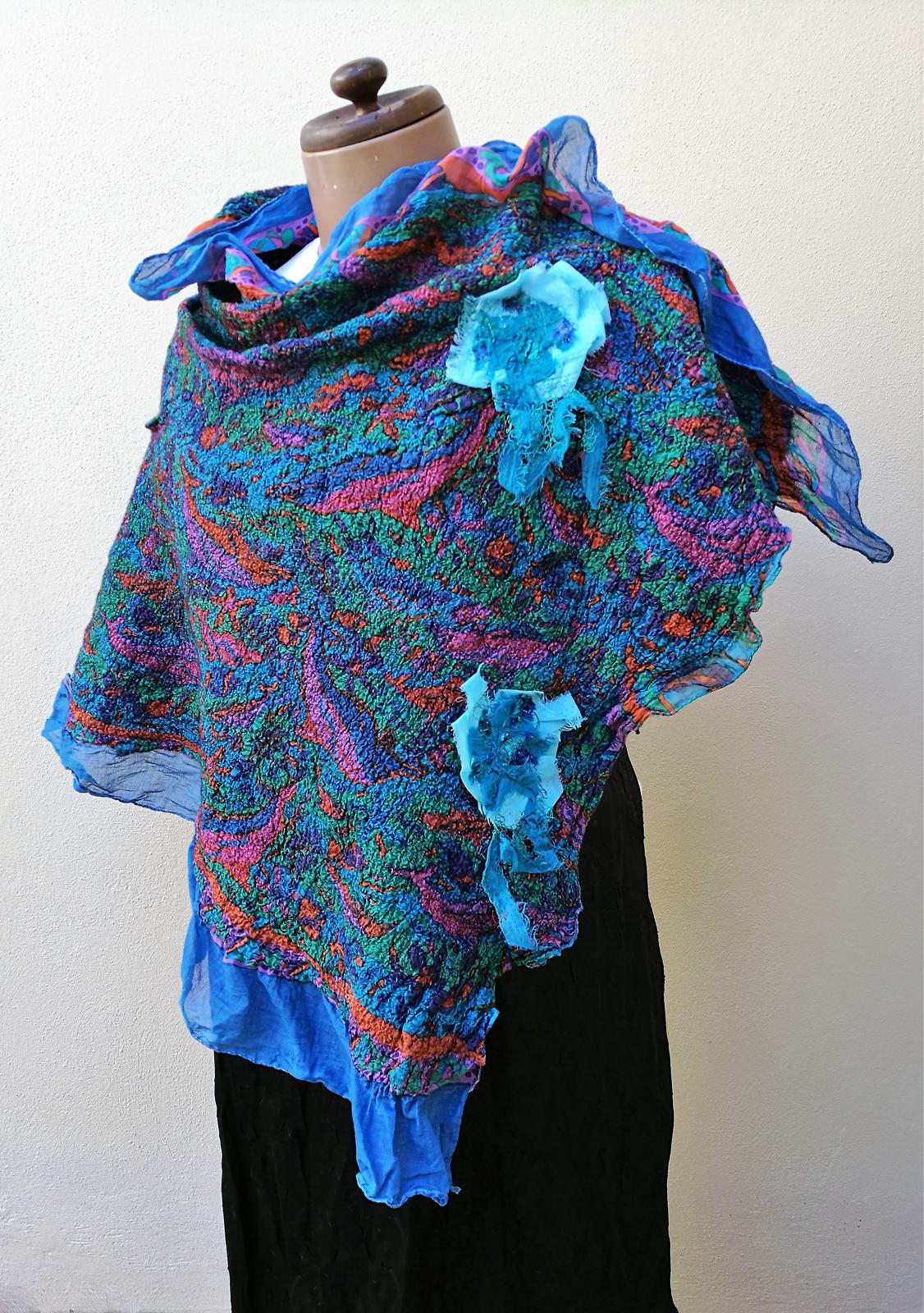 Poncho/Cape. Nuno felted with Merino wool and light cotton fabric.