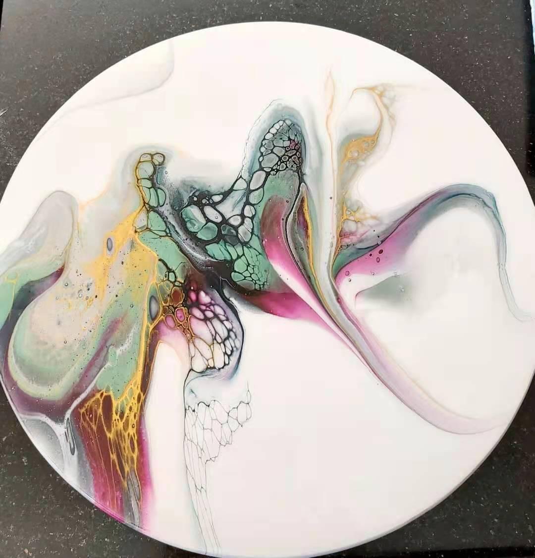 acrylic pour finished in food safe resin, on 39cm wooden lazy susan
