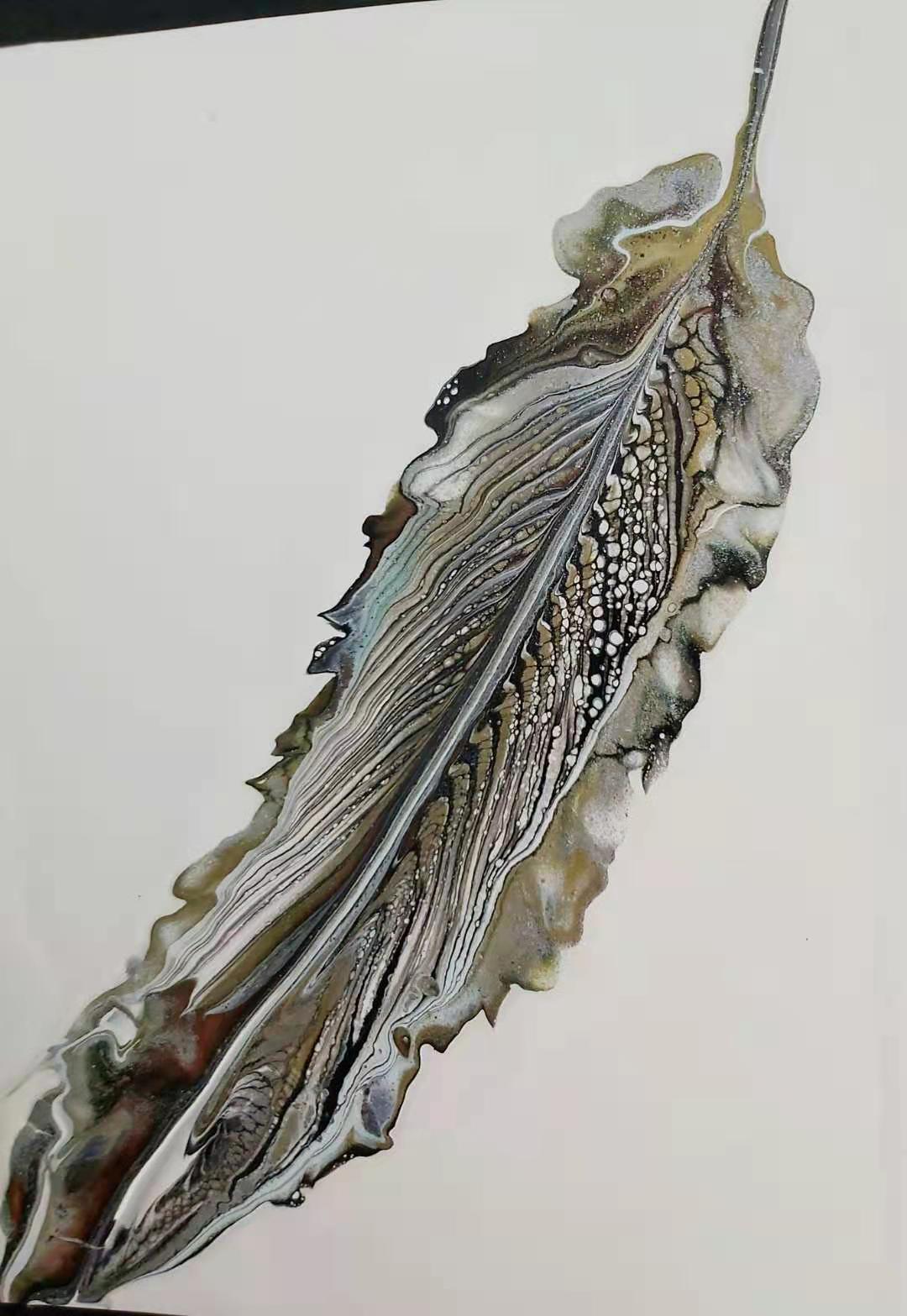Silver feather - acrylic pour finished with resin, on glass