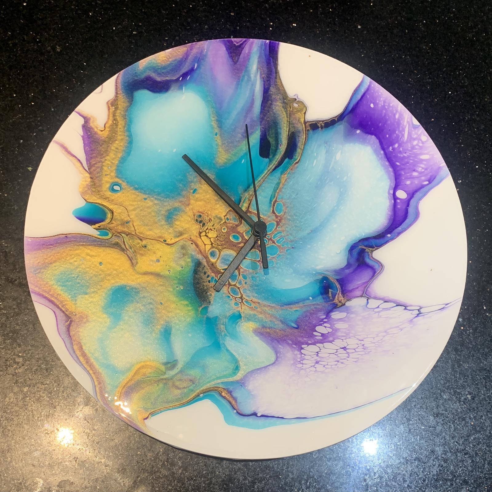 Flower Clock - acrylic pour finished in high gloss resin