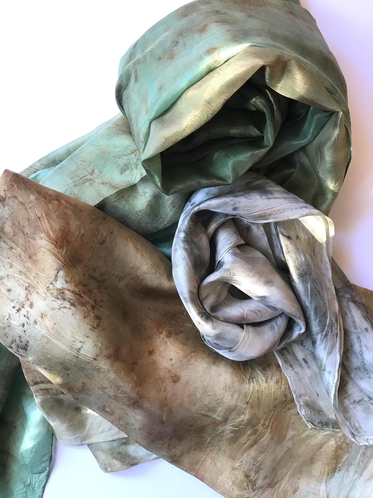 Hand dyed and ecoprinted scarves