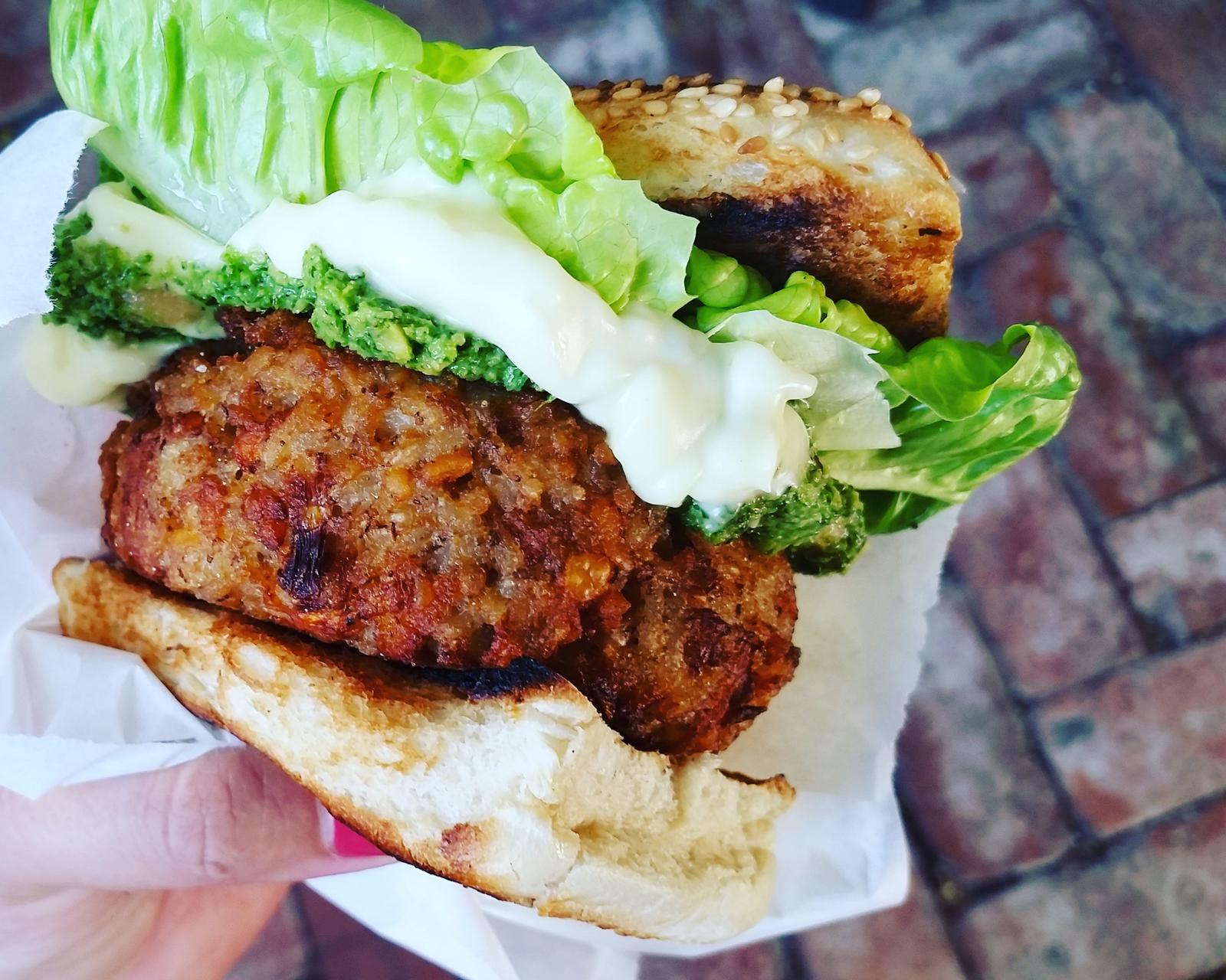 Mix beans burger with chimichurri dip, cos lettuce and aioli