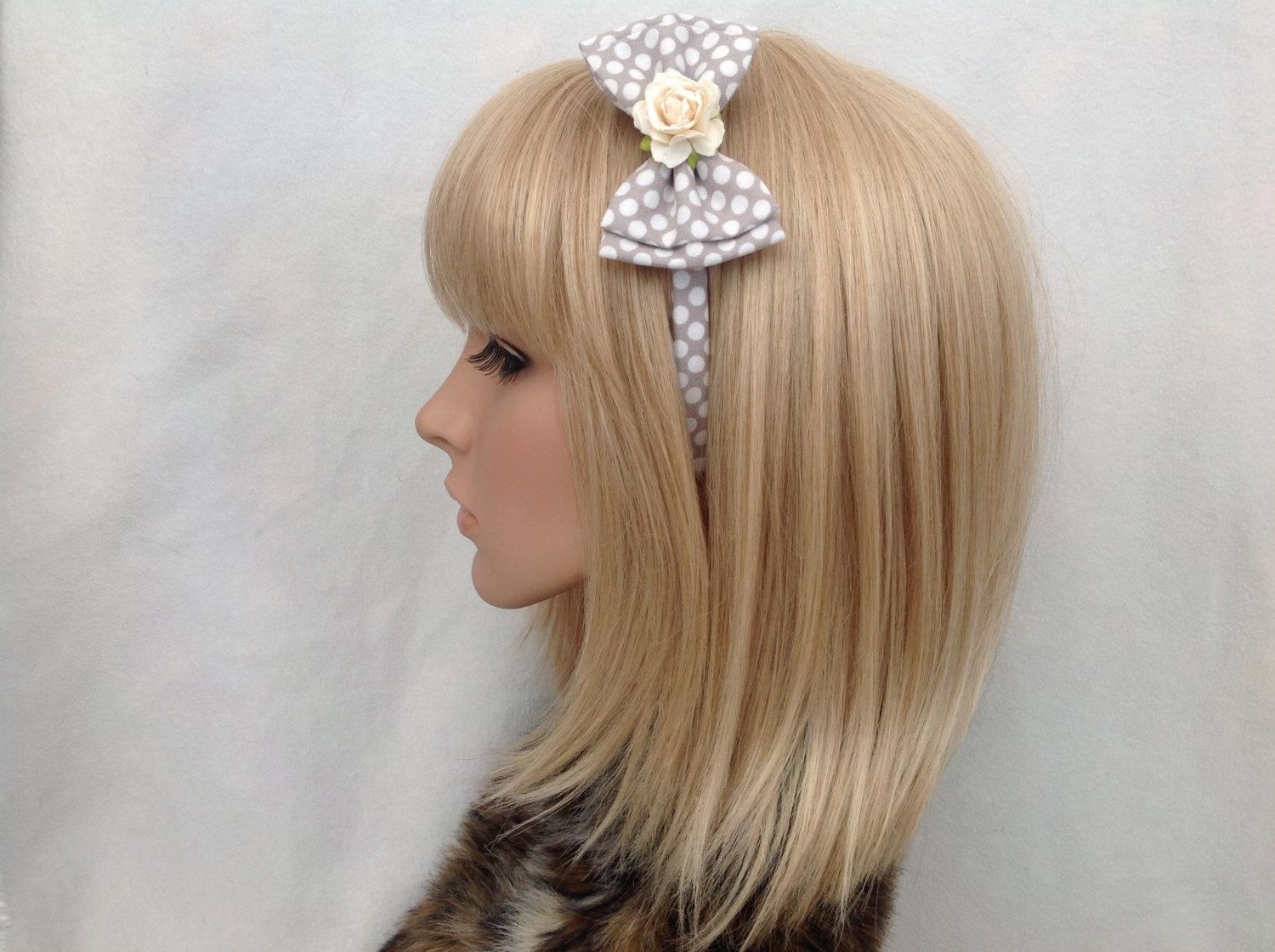 Grey & white polka dot rose headband