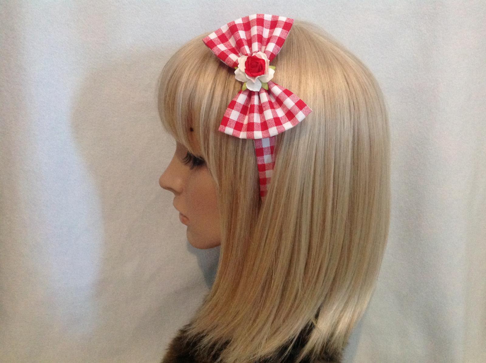 Red & white gingham rose headband