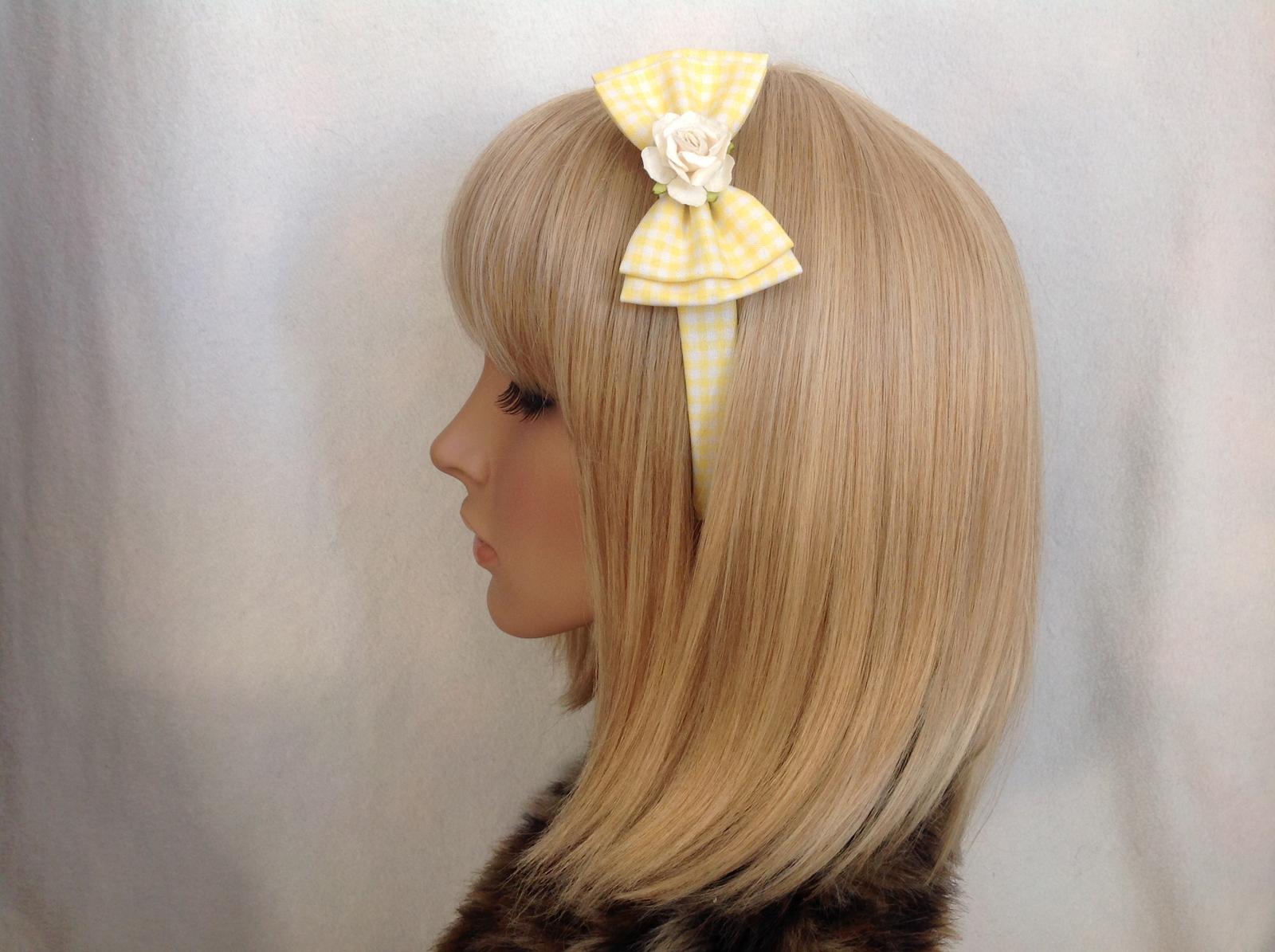 Yellow gingham rose headband