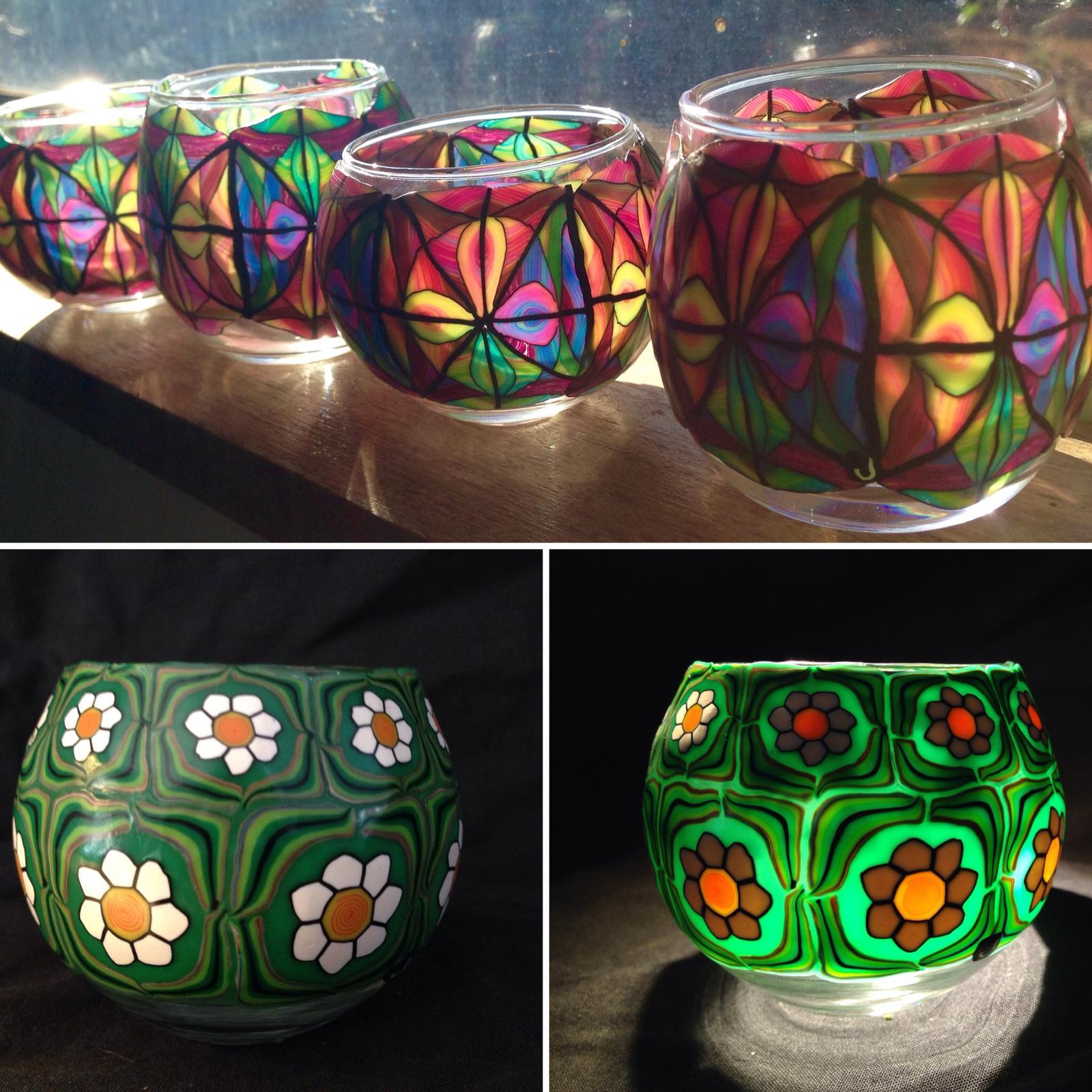 Votive candle holders decorated with polymer clay by Jay's Creations