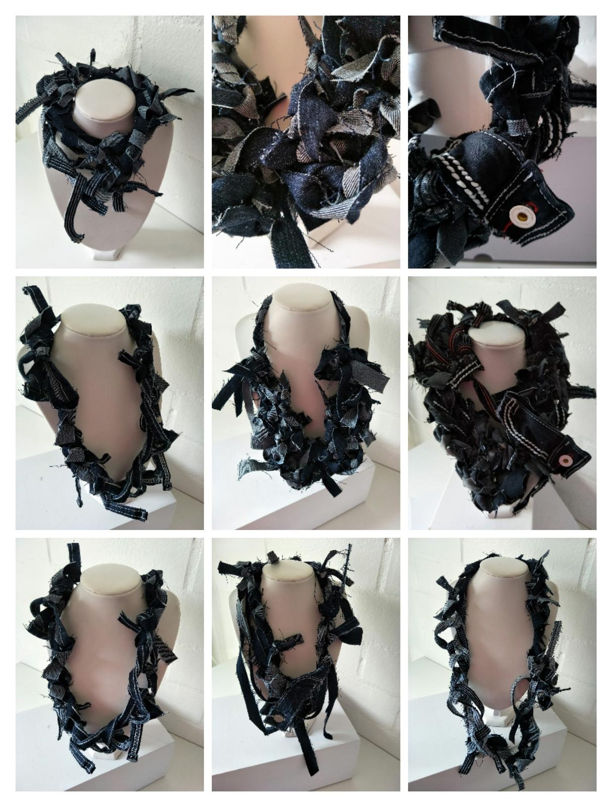 Recycled Denim Necklace's crotchet by hand.