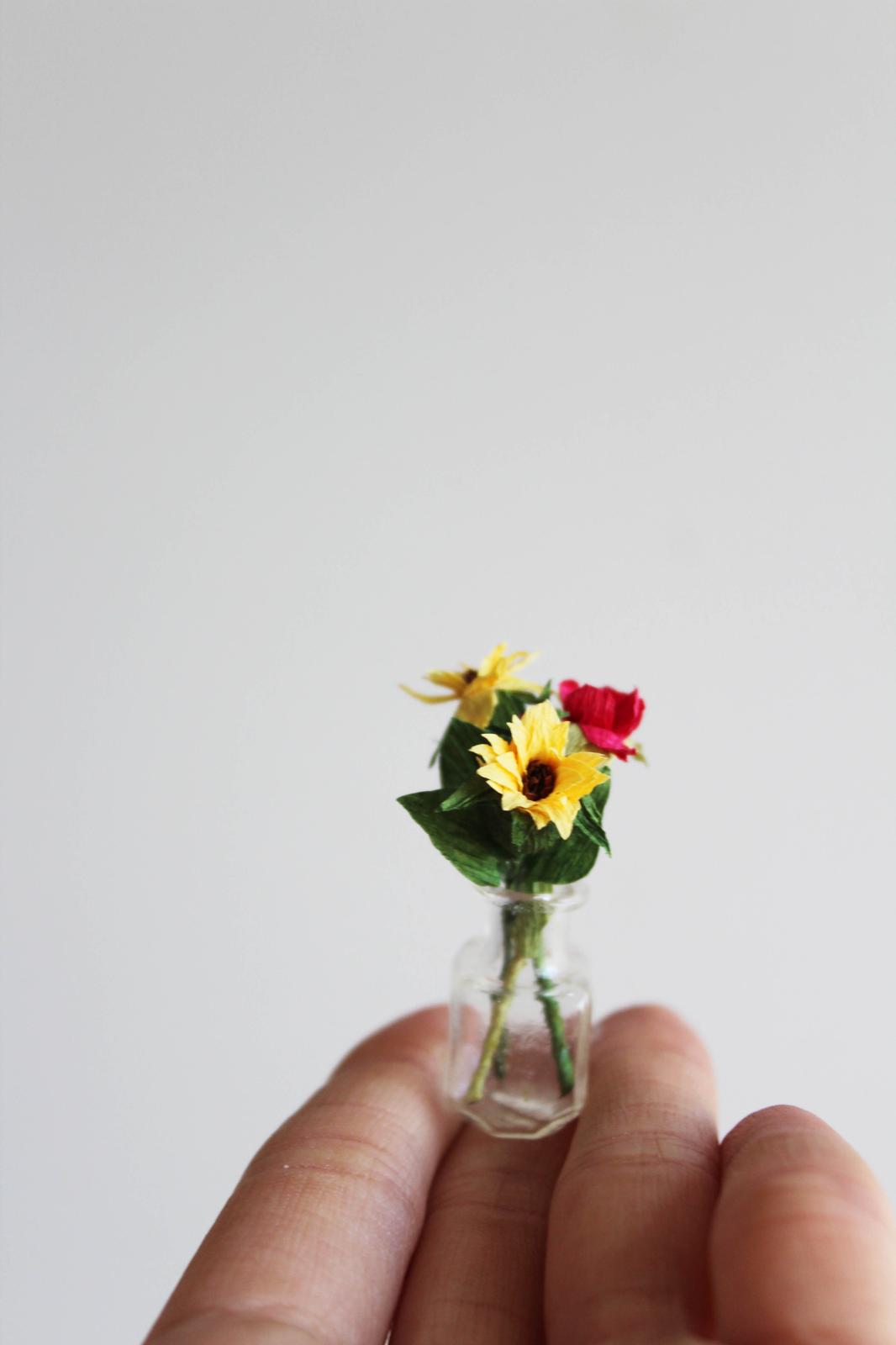 Tiny Vase of Paper Sunflowers and Roses