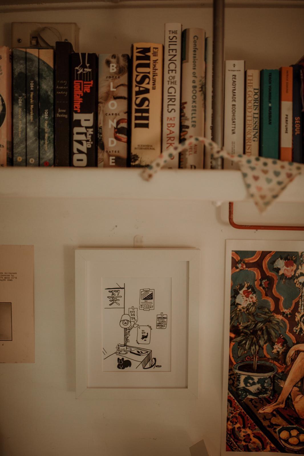 Kikitsa Draws, Framed Print in caravan “Cat Resting in Flower Café”