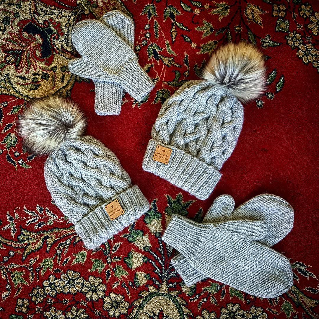 Classic Cabled Beanies and Matching Mittens ~ Big and little brother set