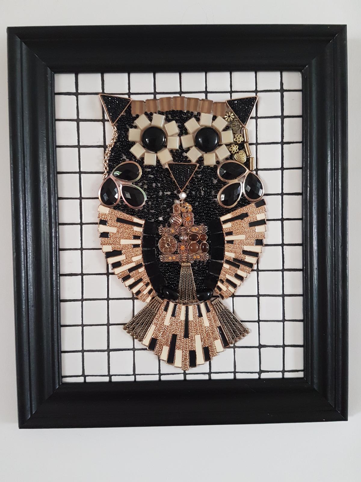 mosaic owl made from jewellery and beads