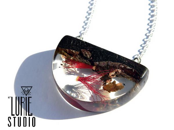 Native Bottlebrush Blossom, Wood and Copperflake Pendant