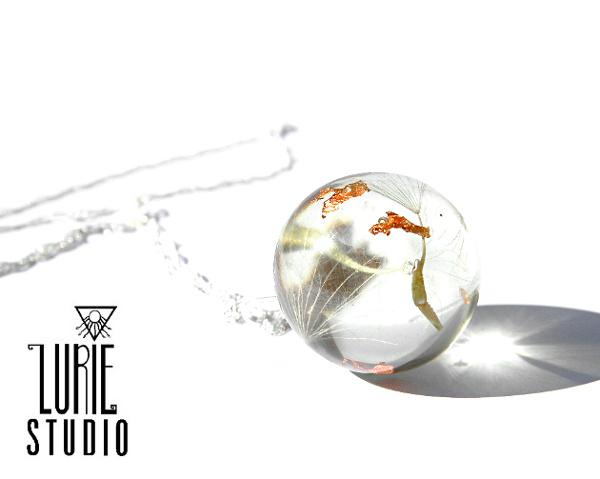 Real Dandelion Seed & Copper flake Sphere Pendant