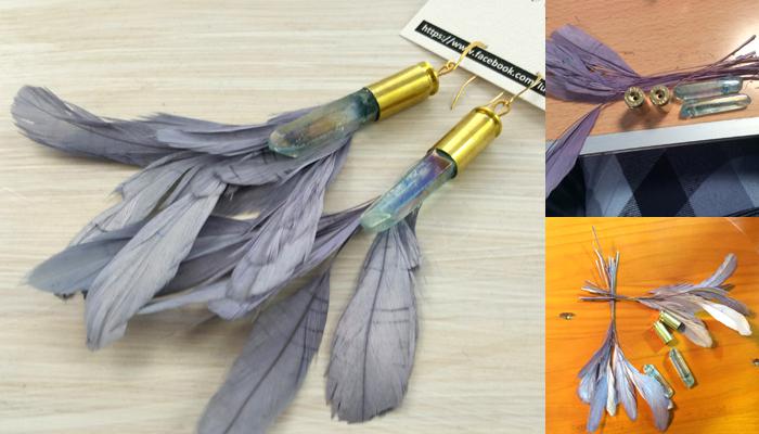 Feather, Quartz, & Vintage bullet casing earrings