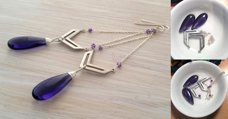 Amethyst, Pewter Chevron & sterling silver chain earrings