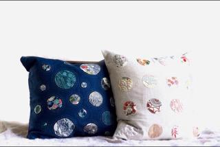 Linen Cushions featuring silk dots and hand-stitching