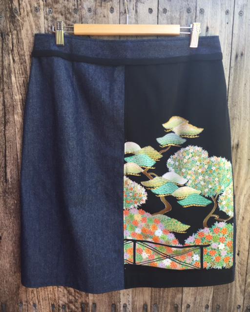 Denim A-line Skirt with silk panel